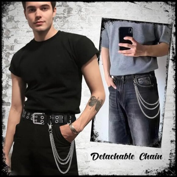Quality Leather Double Grommet Studded Belt with Detachable Chain